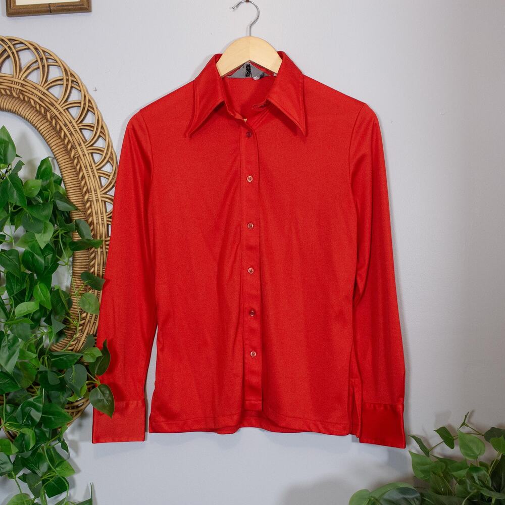 VTG 70s Red Polyester Knit Blouse Dagger Collar Disco Secretary | Bright Spring